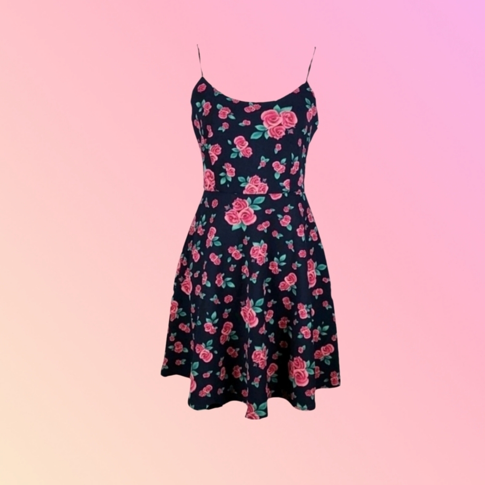 Y2K Vintage Sundress Rose Print Dress Black Pink Retro Dark Coquette Romantic, L